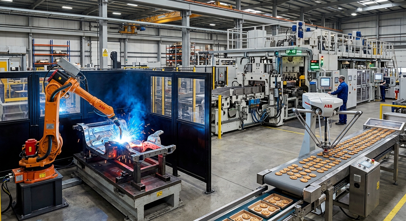 Een lasrobot last een stalen chassisdeel met vonken, een spider-robot met drie armen pakt koekjes van een lopende band, en op de achtergrond staat een grote productiemachine in een fabriekshal.